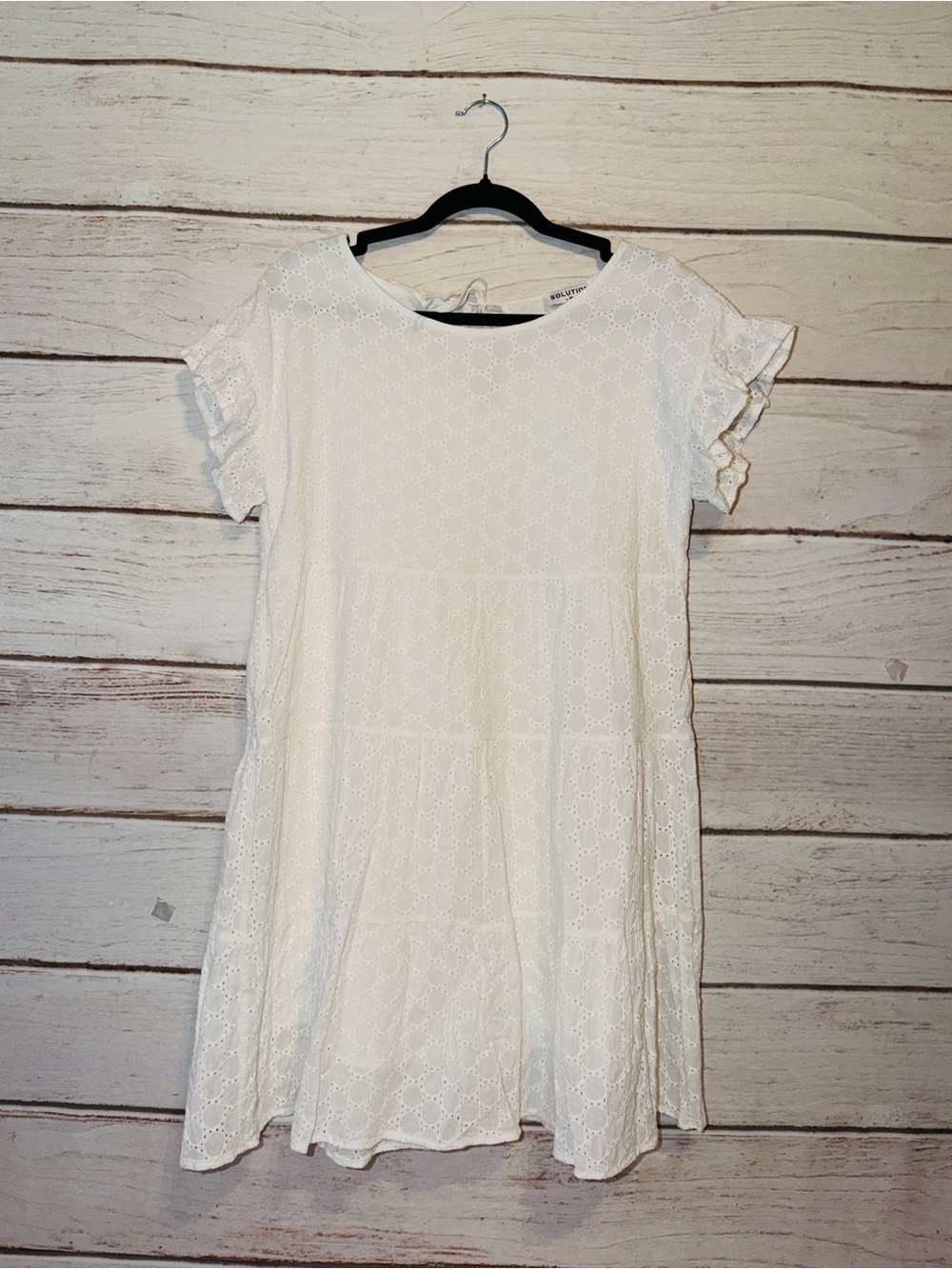 White Eyelet Mini Dress with Ruffle Sleeves Size Medium by Solution. Super Cute
